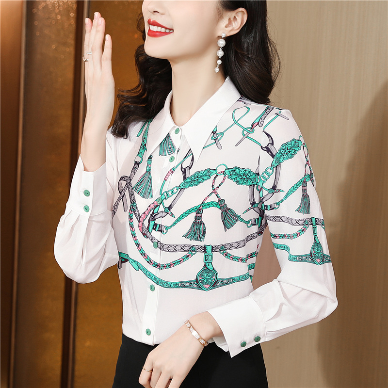 Printing silk real silk shirt white spring lapel tops