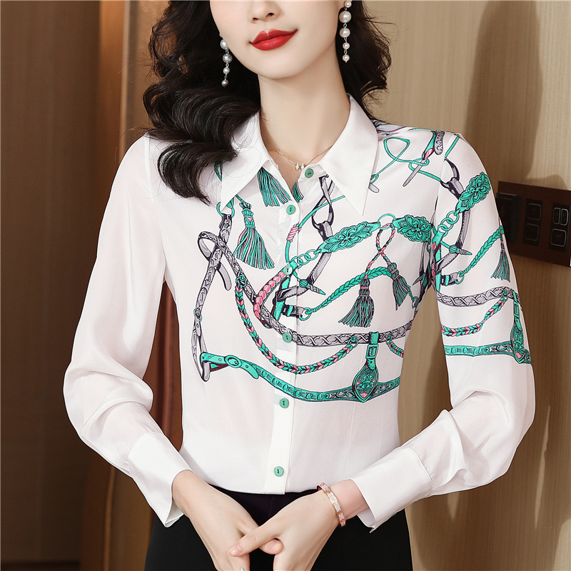 Printing silk real silk shirt white spring lapel tops