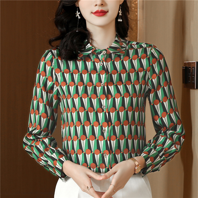 Real silk printing long sleeve geometry shirt for women