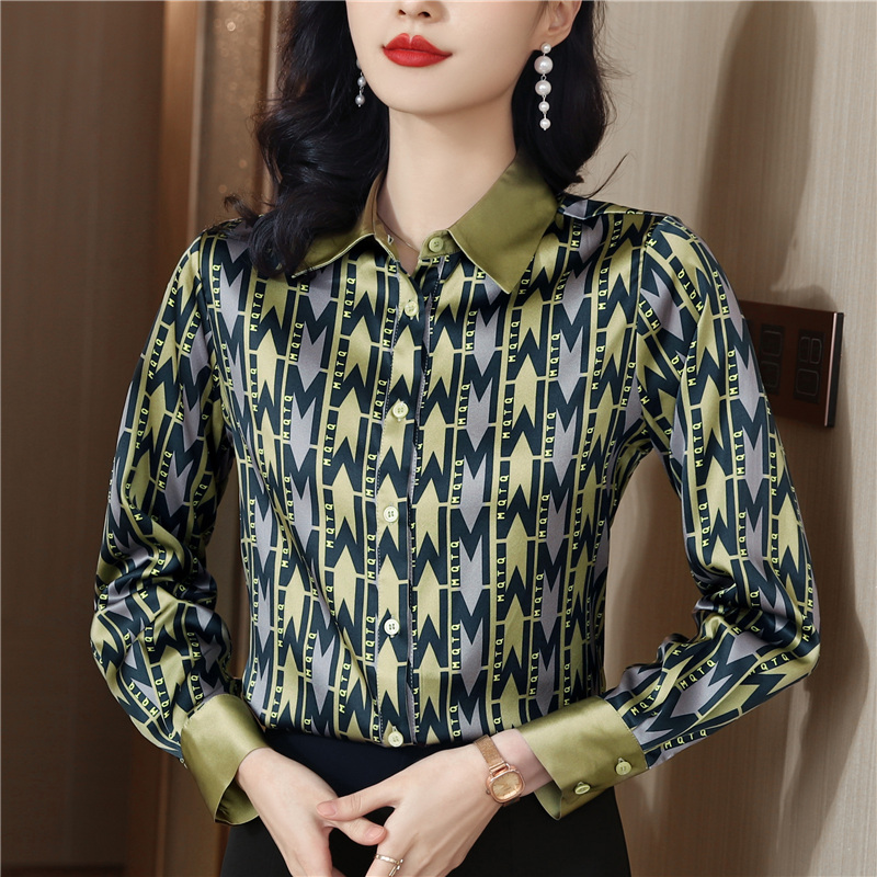 Satin real silk shirt lapel printing tops for women