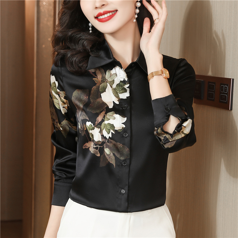 Long sleeve retro silk tops Chinese style black shirt