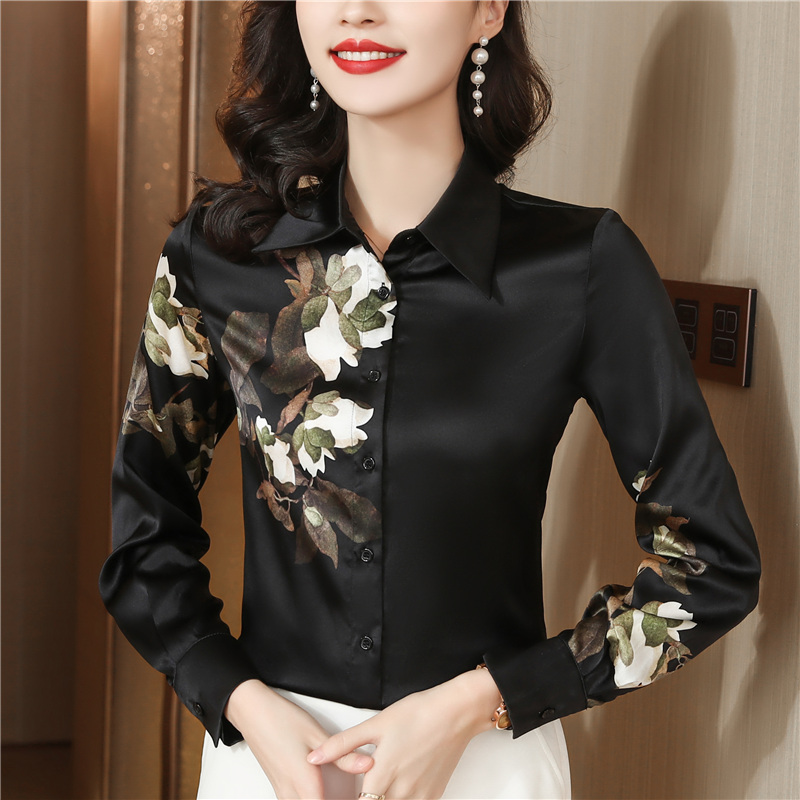 Long sleeve retro silk tops Chinese style black shirt
