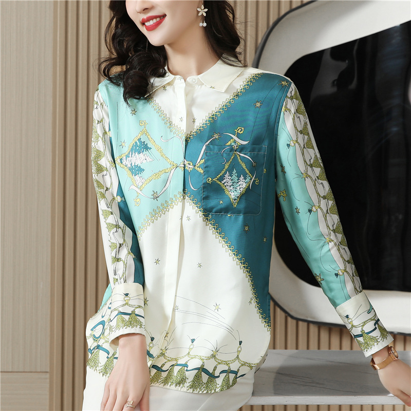 Real silk twill printing temperament shirt for women