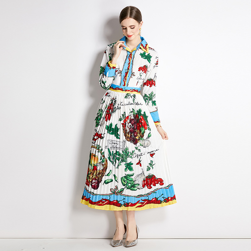 Pleated mixed colors retro printing dress