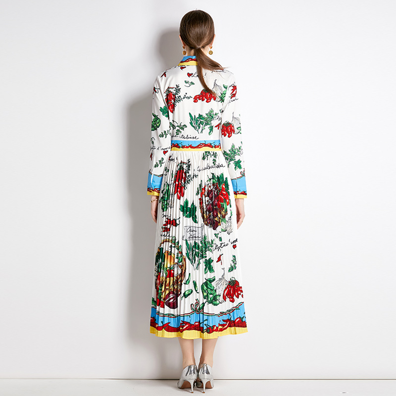 Pleated mixed colors retro printing dress