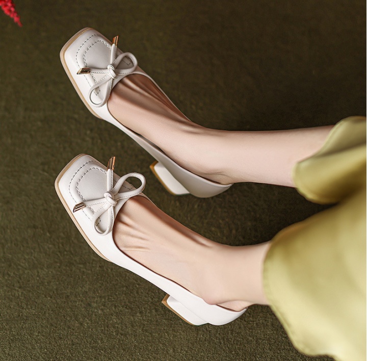 Retro bow large yard low square head thick shoes for women