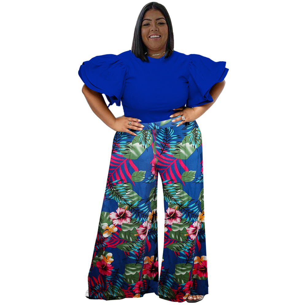 European style round neck tops printing long pants a set