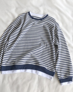 Stripe round neck cotton Pseudo-two thin scales hoodie