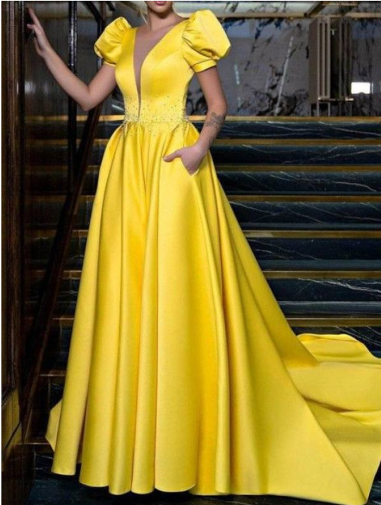 Big skirt long evening dress yellow fashion dress