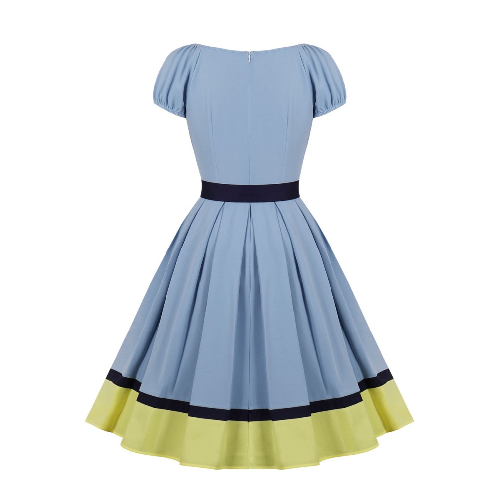 European style mixed colors retro big skirt square collar dress