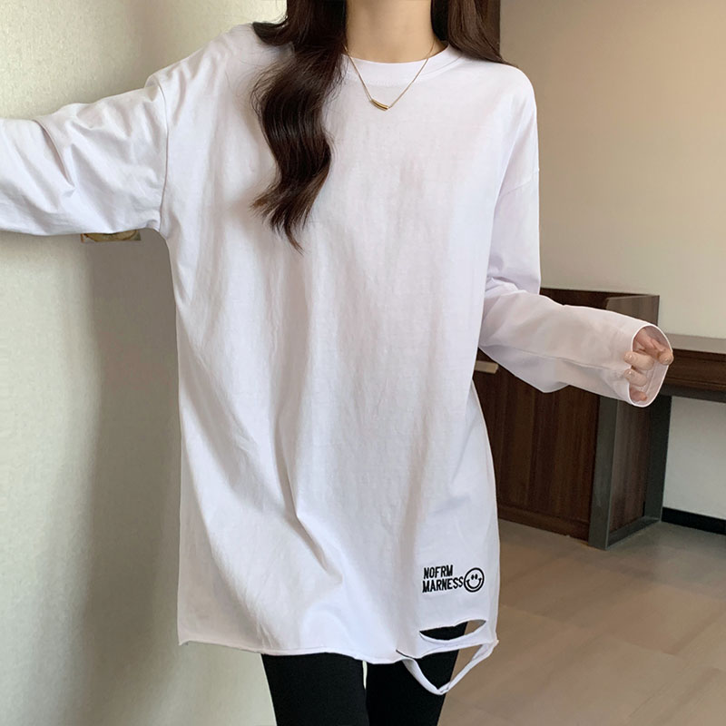 White holes T-shirt spring and autumn long sleeve tops