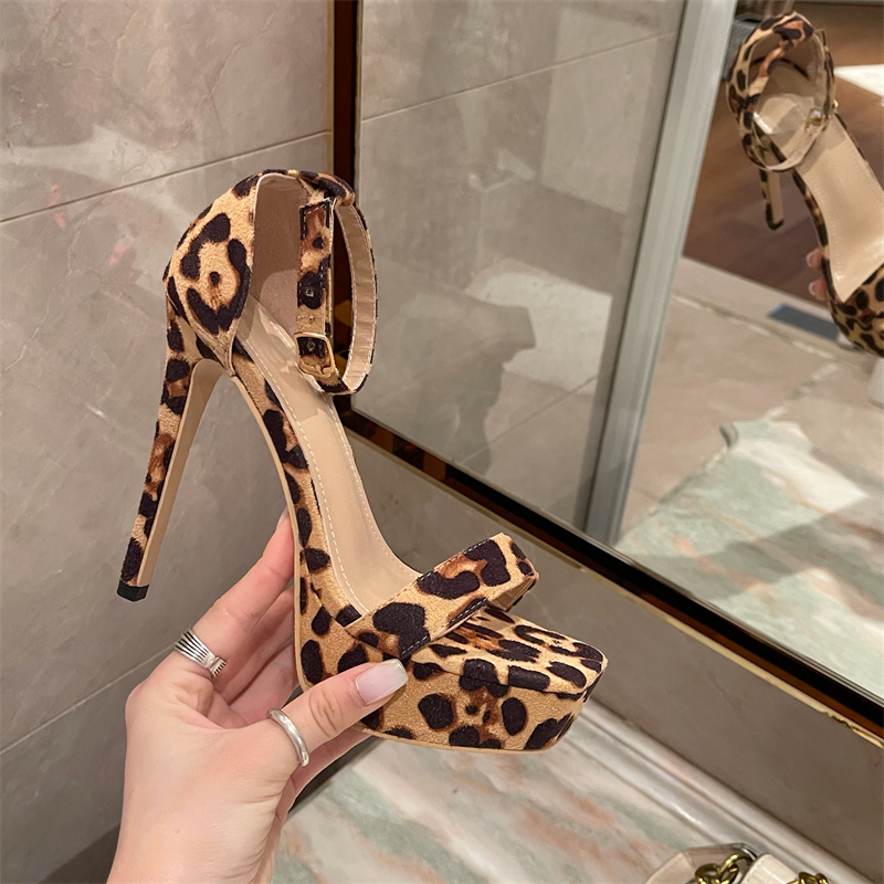 Leopard high-heeled sandals European style fine-root platform