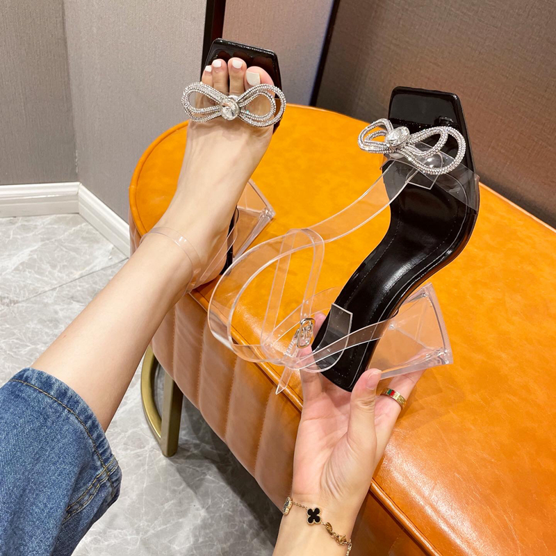 Bandage bow transparent high-heeled crystal sandals