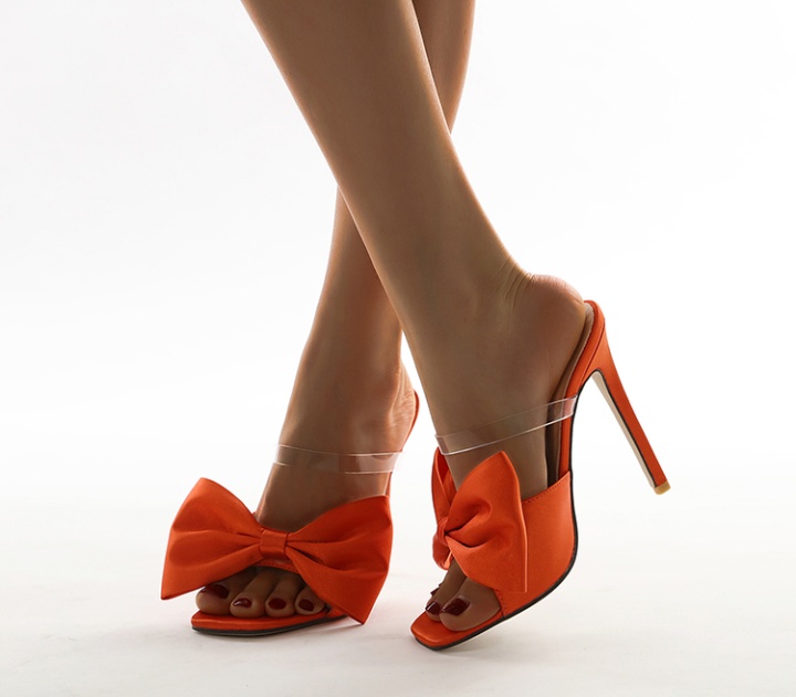 Big bow square head spring high-heeled fine-root slippers