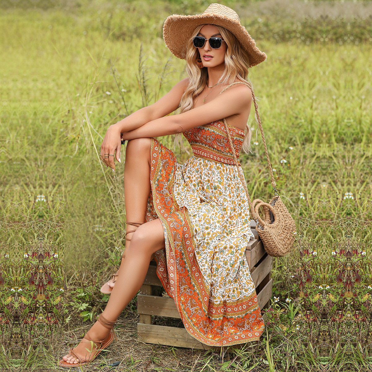 Bohemian style floral wrapped chest dress for women