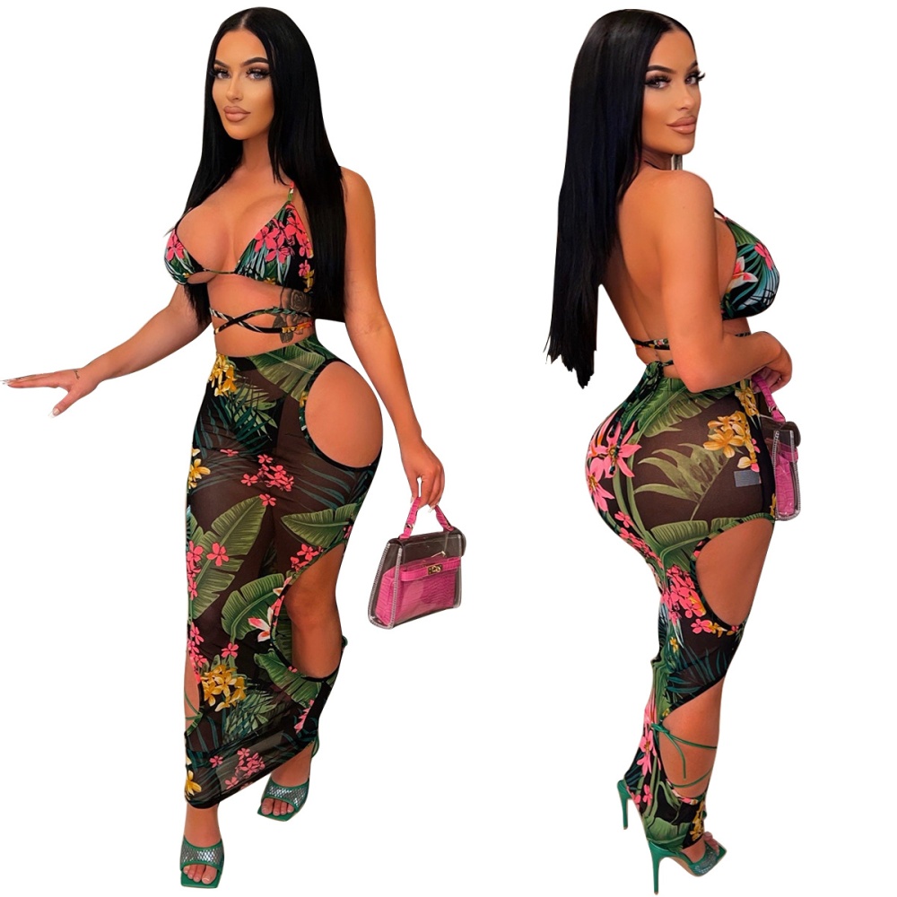 Perspective sexy printing skirt 2pcs set for women