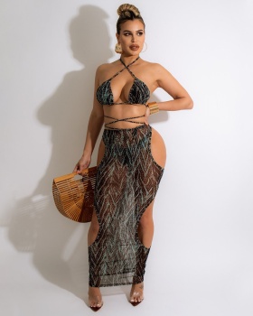 Printing sandy beach bikini sexy skirt a set for women