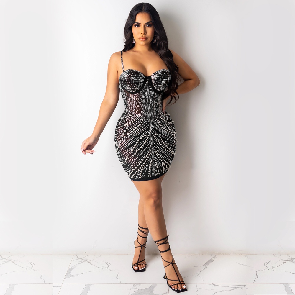 Sling rhinestone wrapped chest sexy dress for women