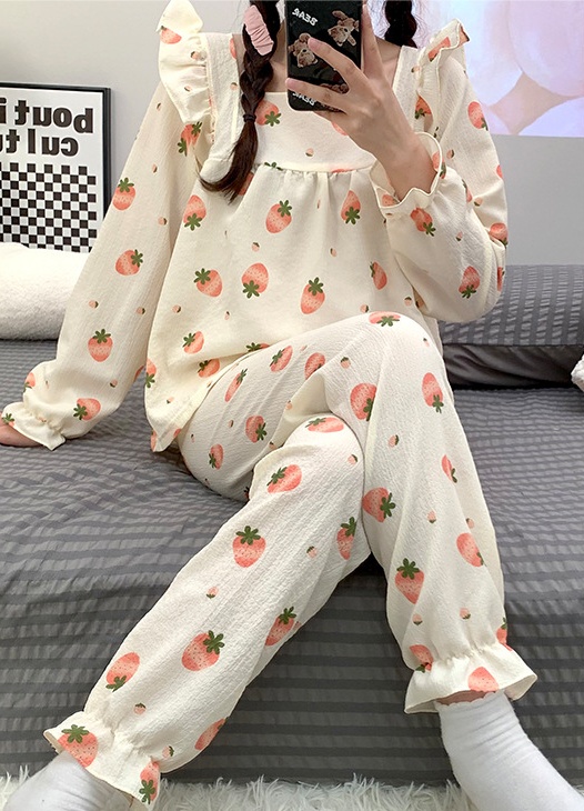 Cotton bubble long pants spring pajamas 2pcs set for women