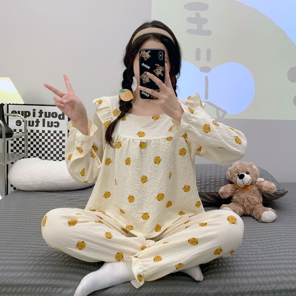 Bubble cotton pajamas Korean style long pants 2pcs set for women