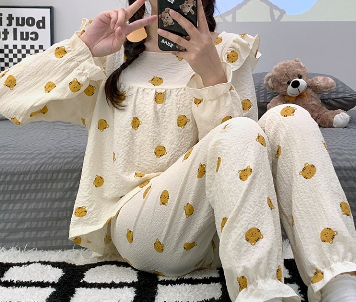 Bubble cotton pajamas Korean style long pants 2pcs set for women