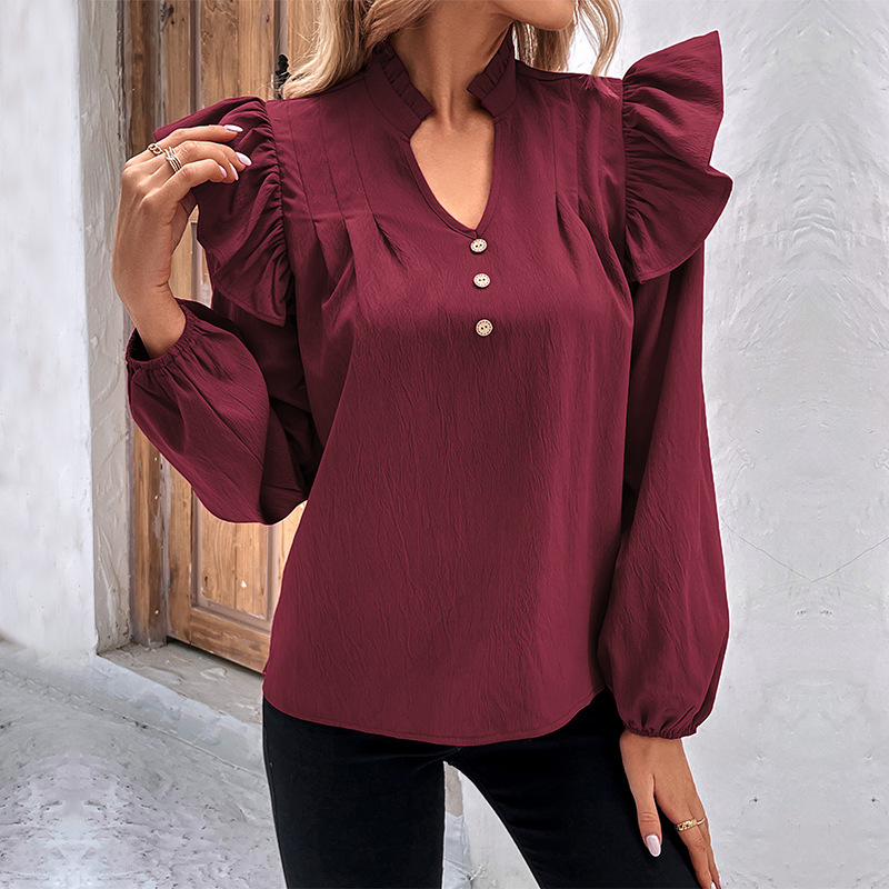 Red fashion European style spring pure long sleeve shirt