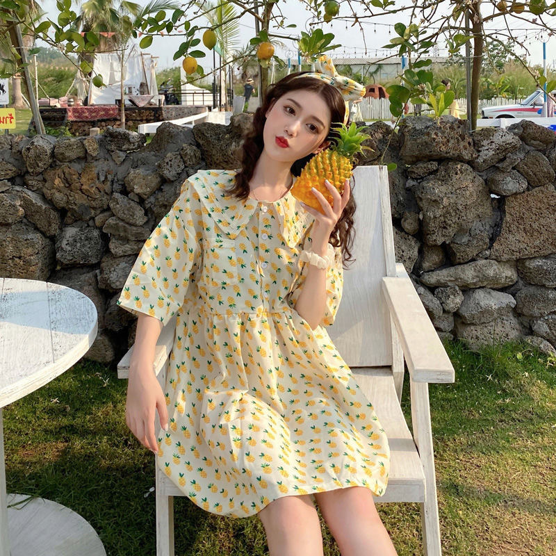 Sweet loose summer Korean style navy collar slim simple dress