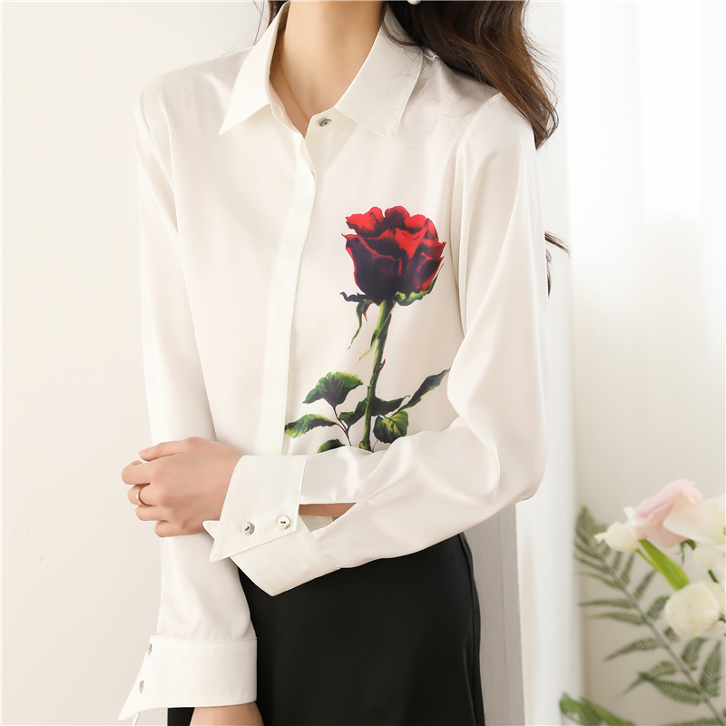 Rose real silk tops satin long sleeve shirt