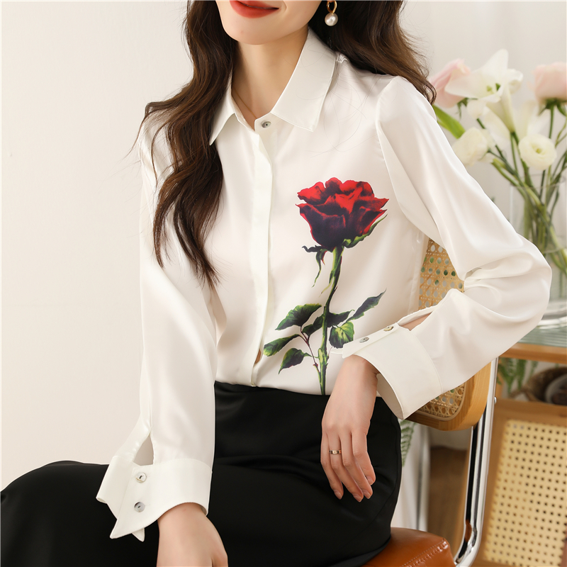 Rose real silk tops satin long sleeve shirt
