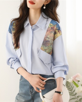 Long sleeve temperament tops unique blue shirt for women