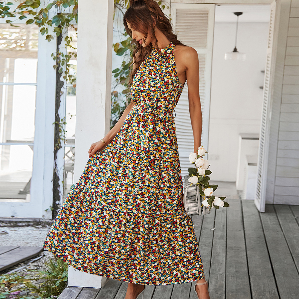 Halter spring and summer printing big skirt vacation dress