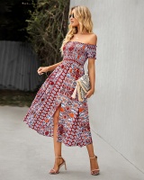Spring and summer printing flat shoulder dress