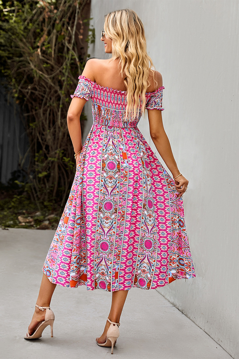 Spring and summer printing flat shoulder dress