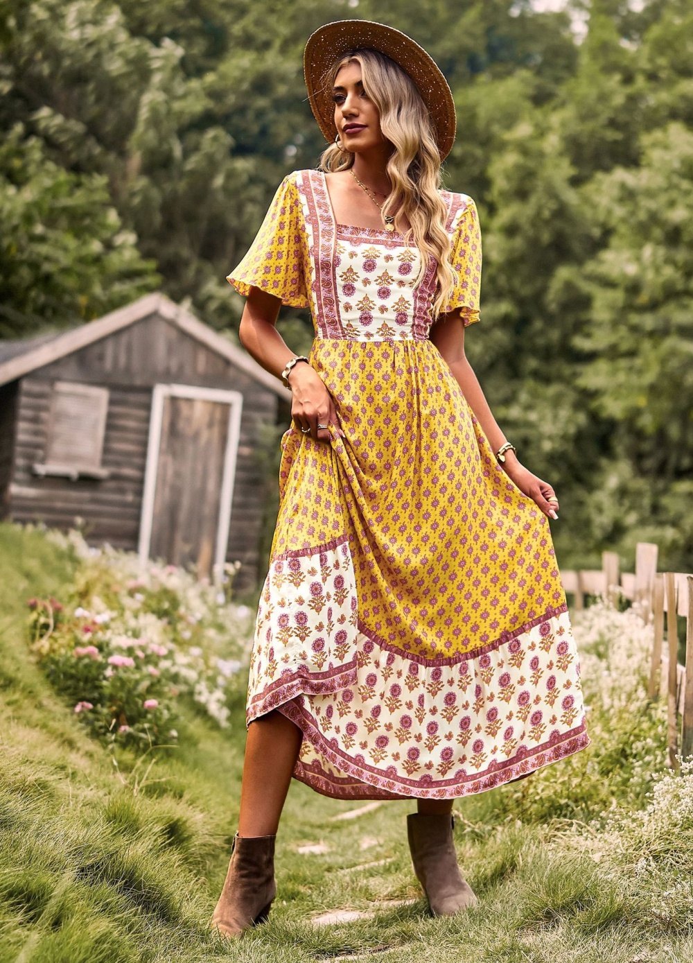 Printing square collar retro vacation spring and summer dress