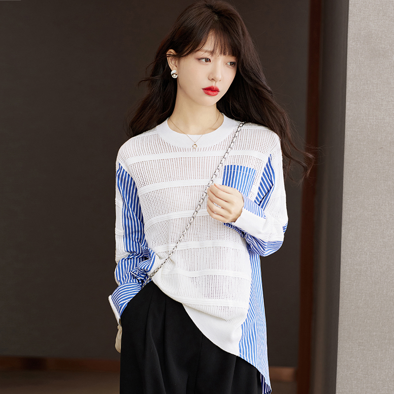 Long sleeve splice tops loose stripe sweater for women