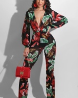 Long sleeve sexy summer printing slim jumpsuit for women