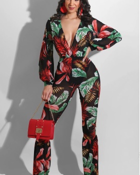 Long sleeve sexy summer printing slim jumpsuit for women