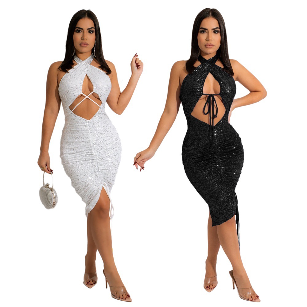 Nightclub European style pure sexy sequins dress for women