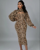 Casual European style puff sleeve leopard dress 2pcs set