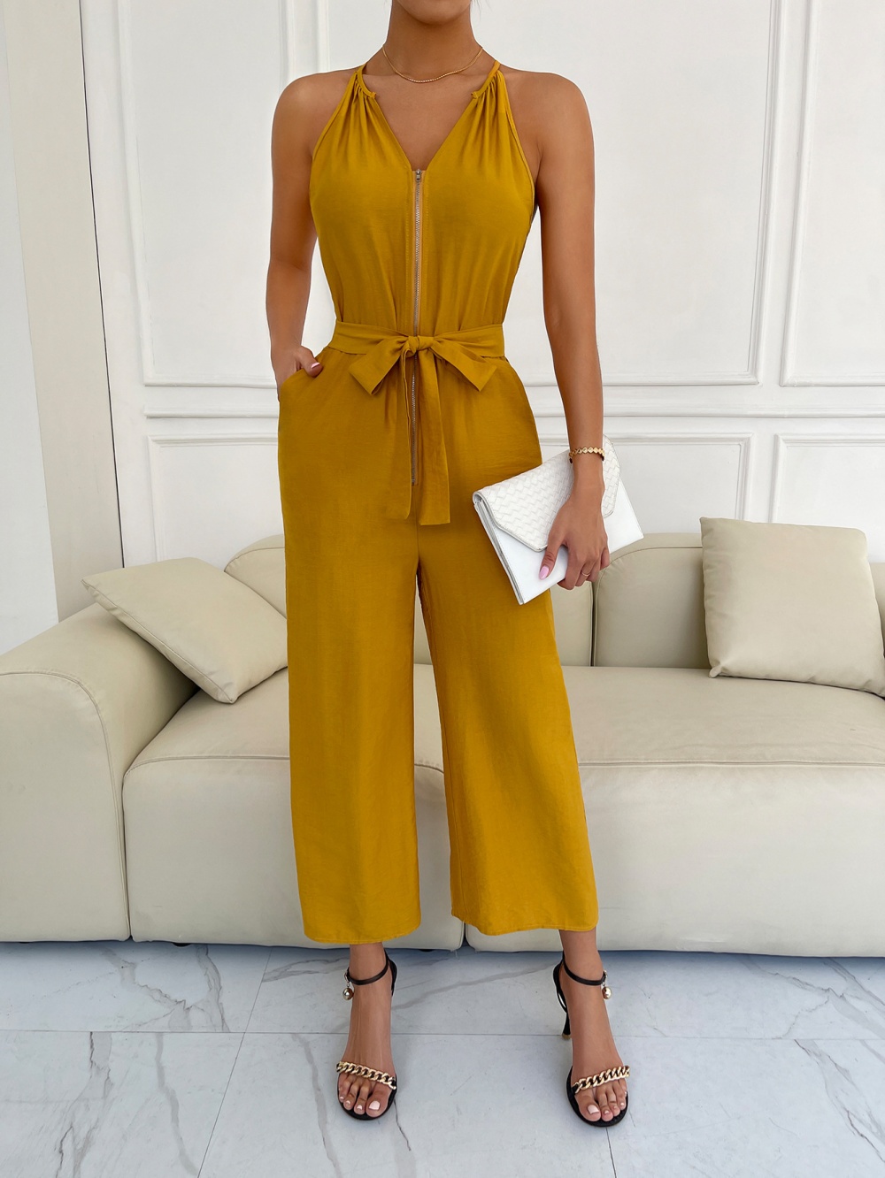 Commuting pure spring and summer sexy V-neck bandage jumpsuit