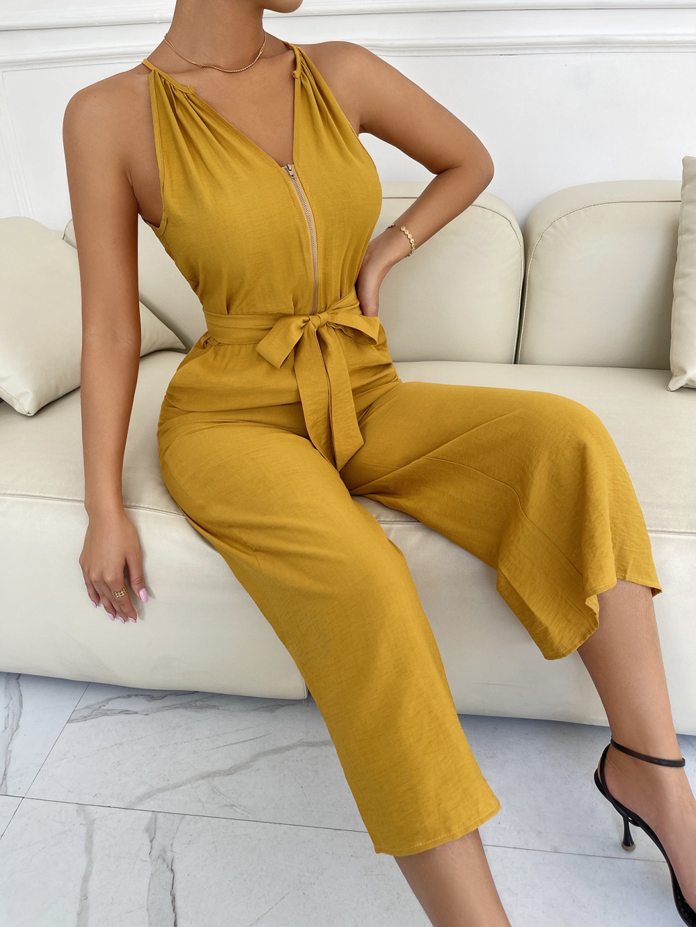 Commuting pure spring and summer sexy V-neck bandage jumpsuit