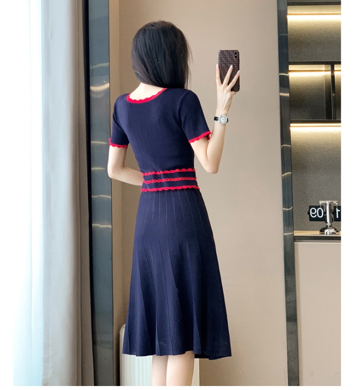 Mixed colors short sleeve hollow V-neck dress for women