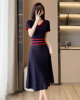 Mixed colors short sleeve hollow V-neck dress for women