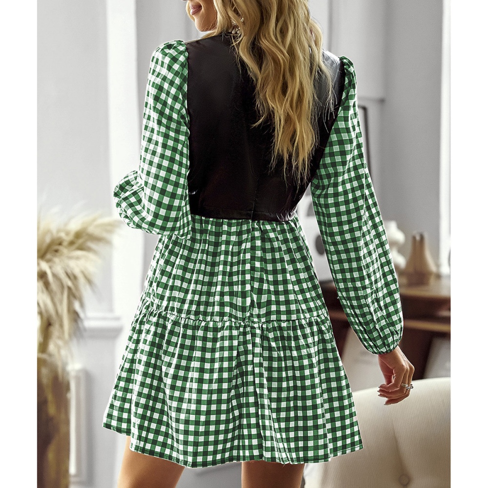 Plaid spring and summer splice Pseudo-two dress