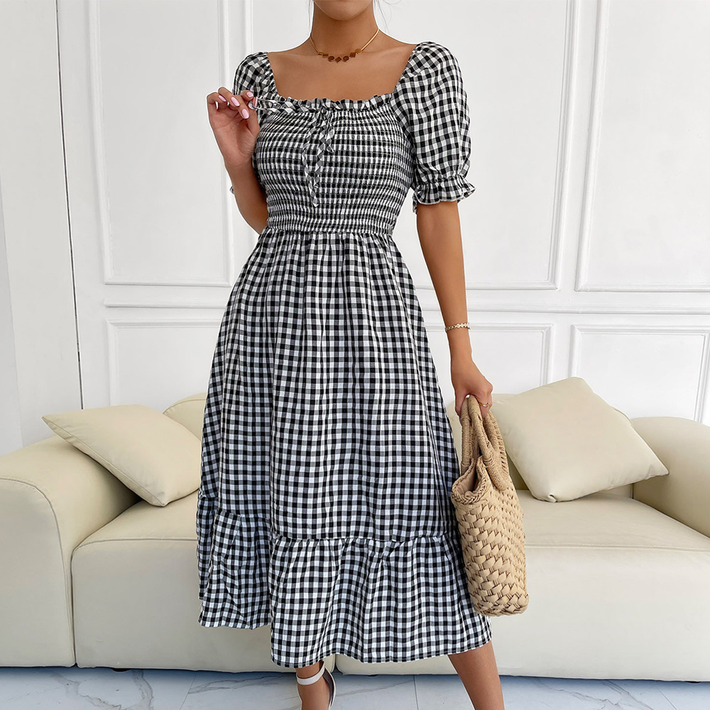 Retro spring and summer plaid vacation square collar dress