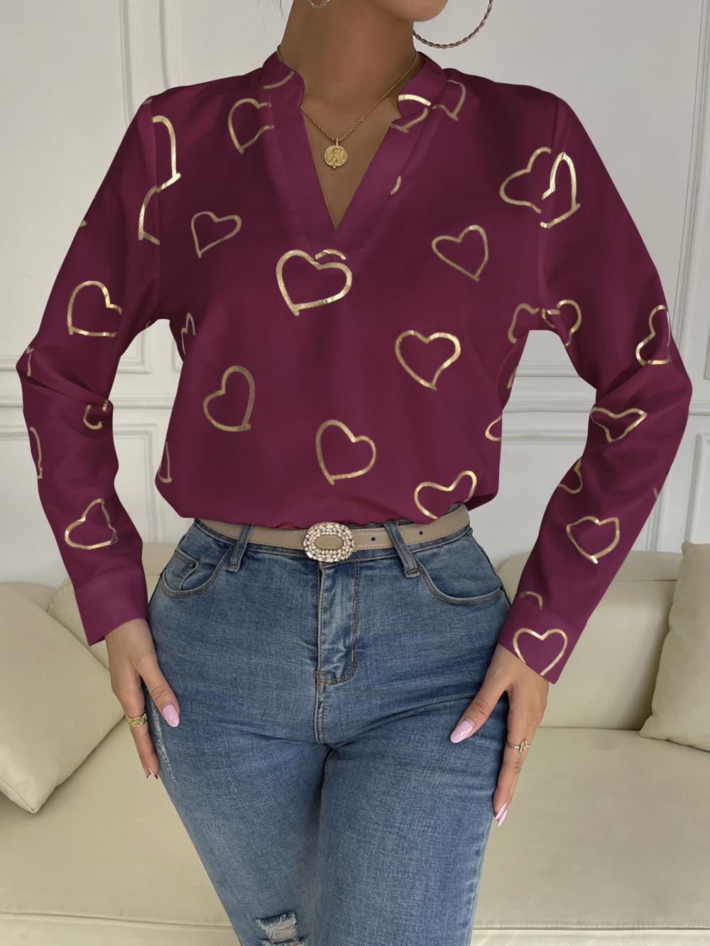 V-neck heart printing cstand collar tops
