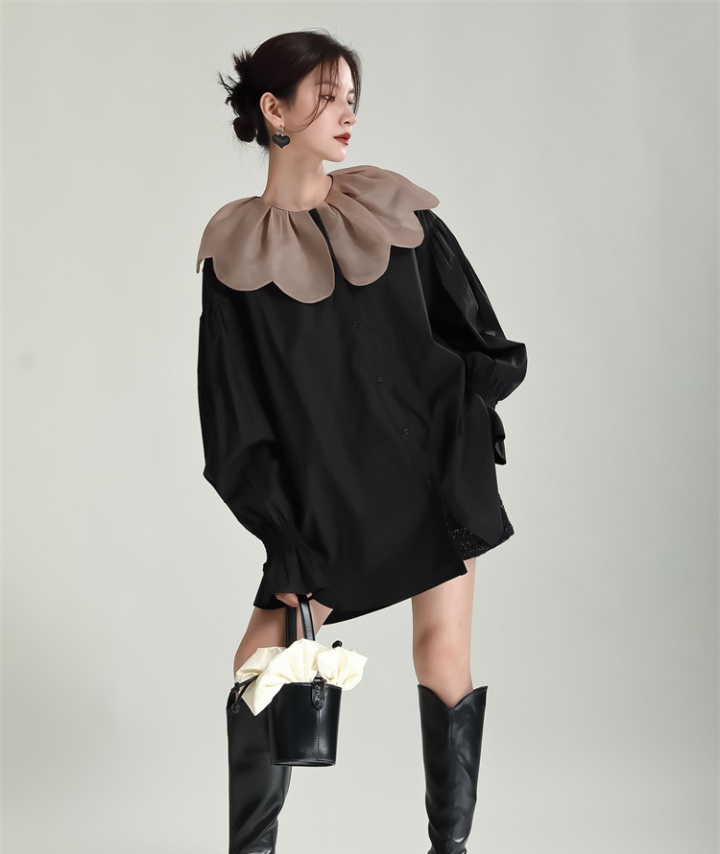 Long doll spring shirt loose petal collar tops