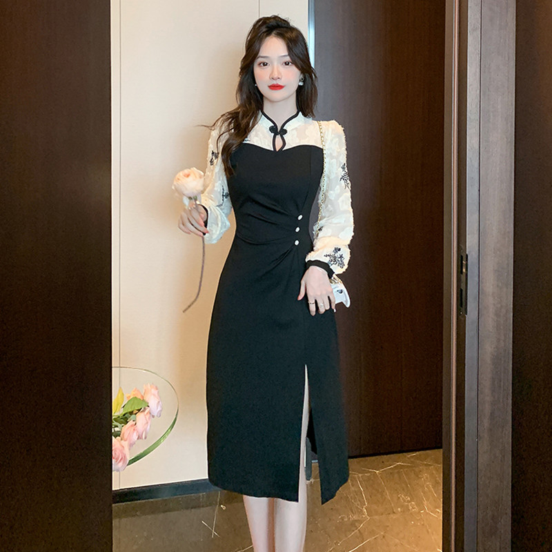 Embroidered long sleeve temperament dress elegant splice cheongsam