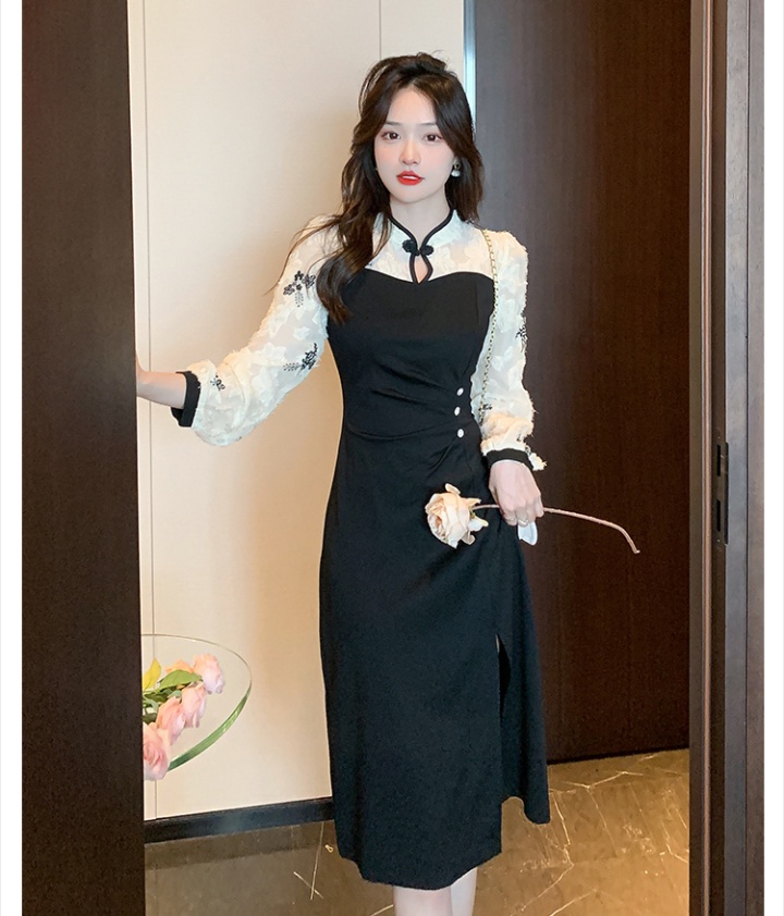 Embroidered long sleeve temperament dress elegant splice cheongsam