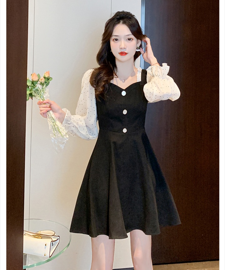 France style long sleeve square collar dress